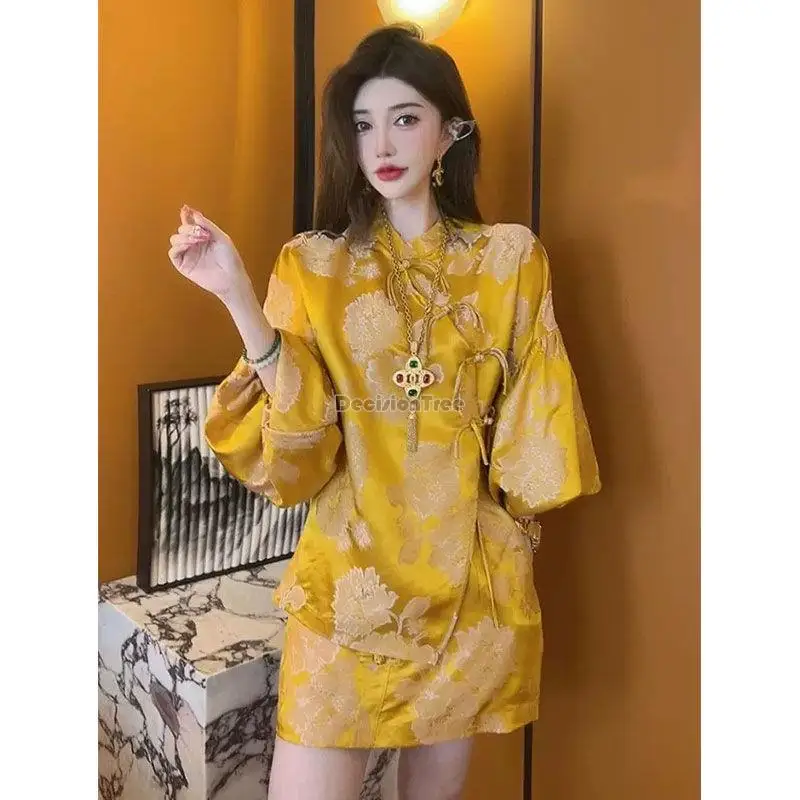 

2023 women's summer new chinese fashion retro style satin stand collar blouse shirt short skirt two-piece cheongsam set s537