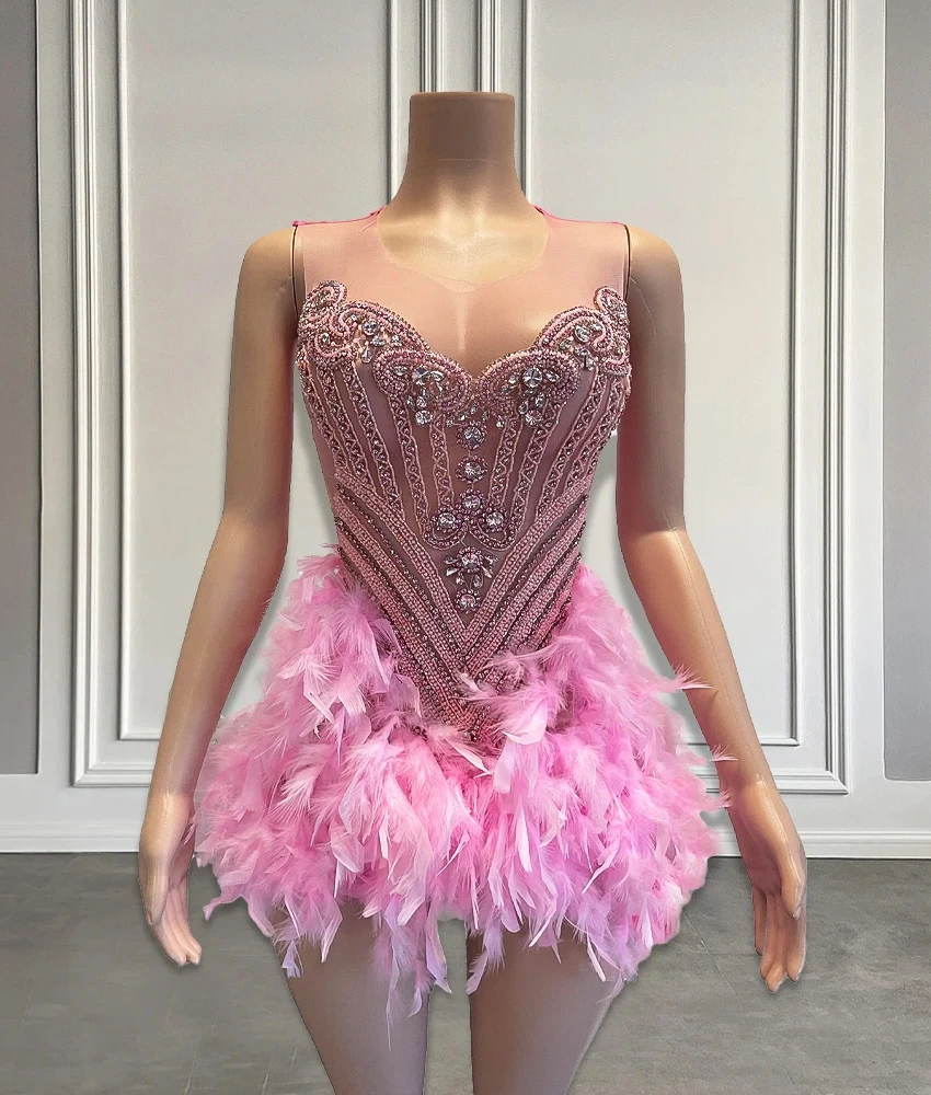 

Customized Luxury Sequined Crystal Beading Feathers Straight Evening Dress High Quality Sleeveless O-neck فساتين سهرة