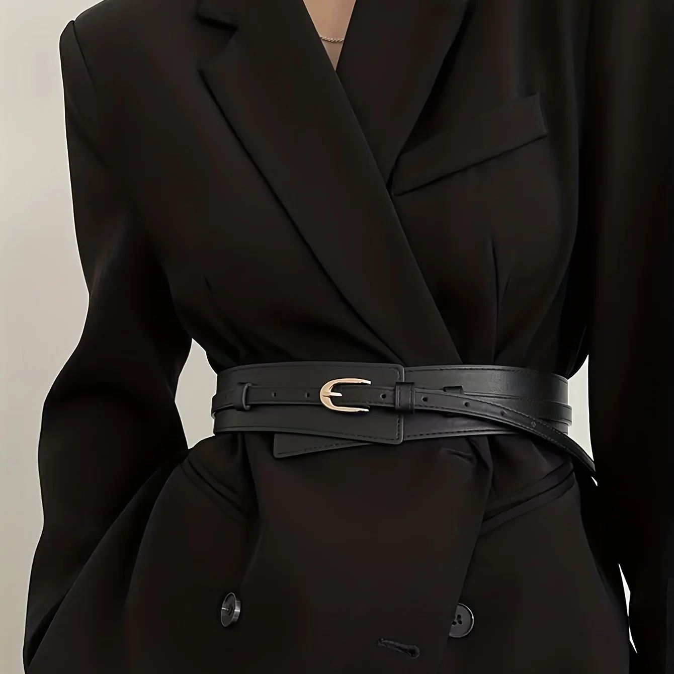 Wide Black Faux Leather Corset Belt Gold Oval Pin Buckle Stitched Waist Belt Women Oversized Suit Dress Decor Waistband