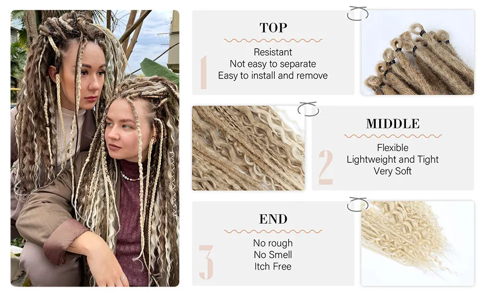 Synthetische SE Dreadlocs Haarverlängerungen, 24 Zoll 8 Stränge/Set 3-in-1 Gemischter Hippie-Stil Einseitige Dreads für Frauen – Detail 2
