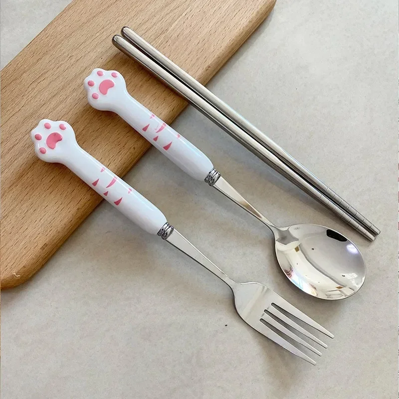 Cartoon Cute Cat Claw Spoon and Fork Set  Chopstick Cutlery Student Children Outdoor Camping Portable Kawaii Kitchen Accessories