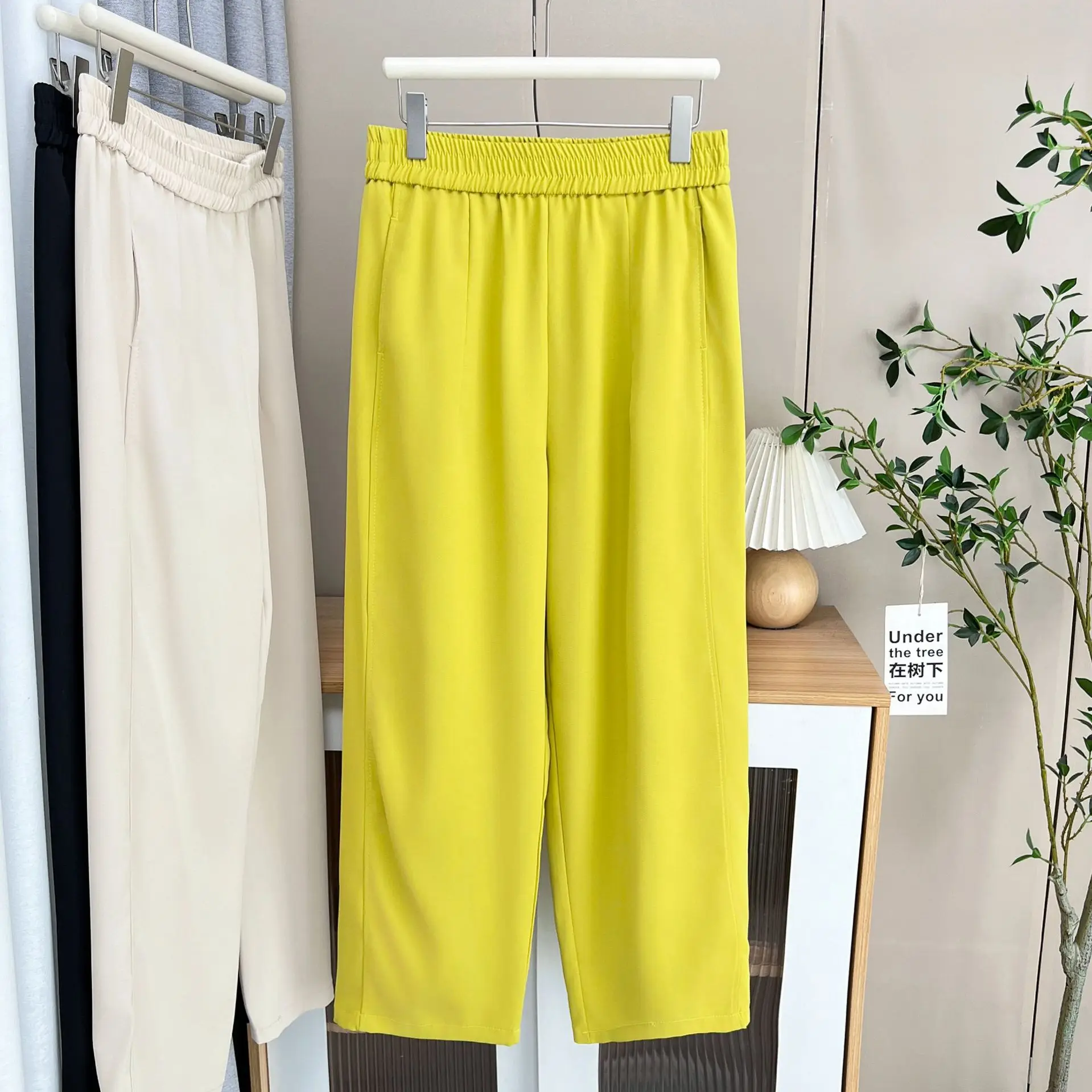 

2025 летние новые прямые брюки больших размеров, 100 кг, простые однотонные повседневные брюки с эластичной резинкой на талии и высокой талией 8319