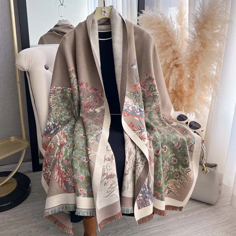 Scarf Women Peacock Pattern Shawl Double Sided Jacquard Tassel Wrap Autumn Winter Travel Photo Outerwear Poncho