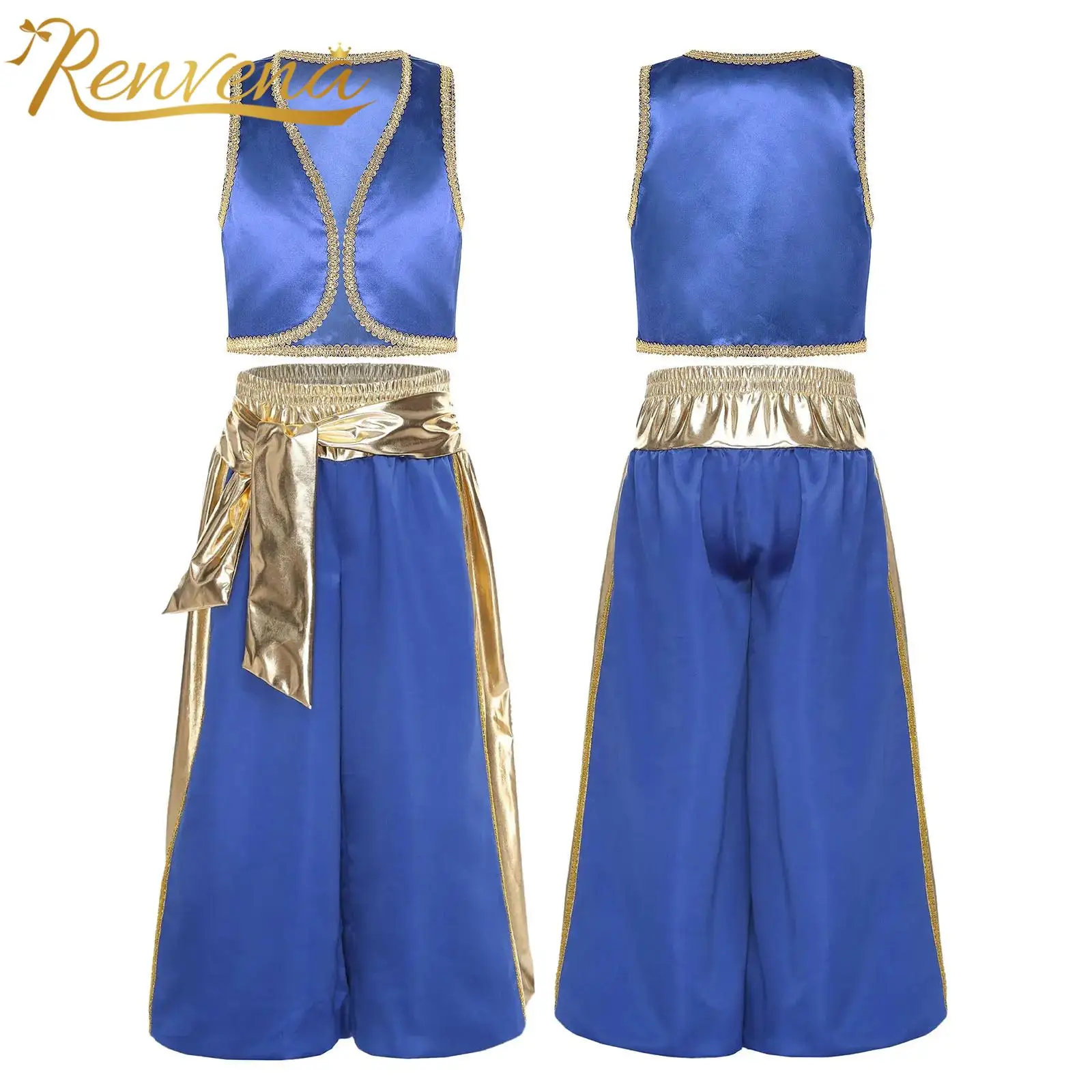 Boy's Arab Prince Outfits Kids Boys 2Pcs Arabian Prince Cosplay Costumes Role Play Waistcoat Vest Metallic Pants Bloomers