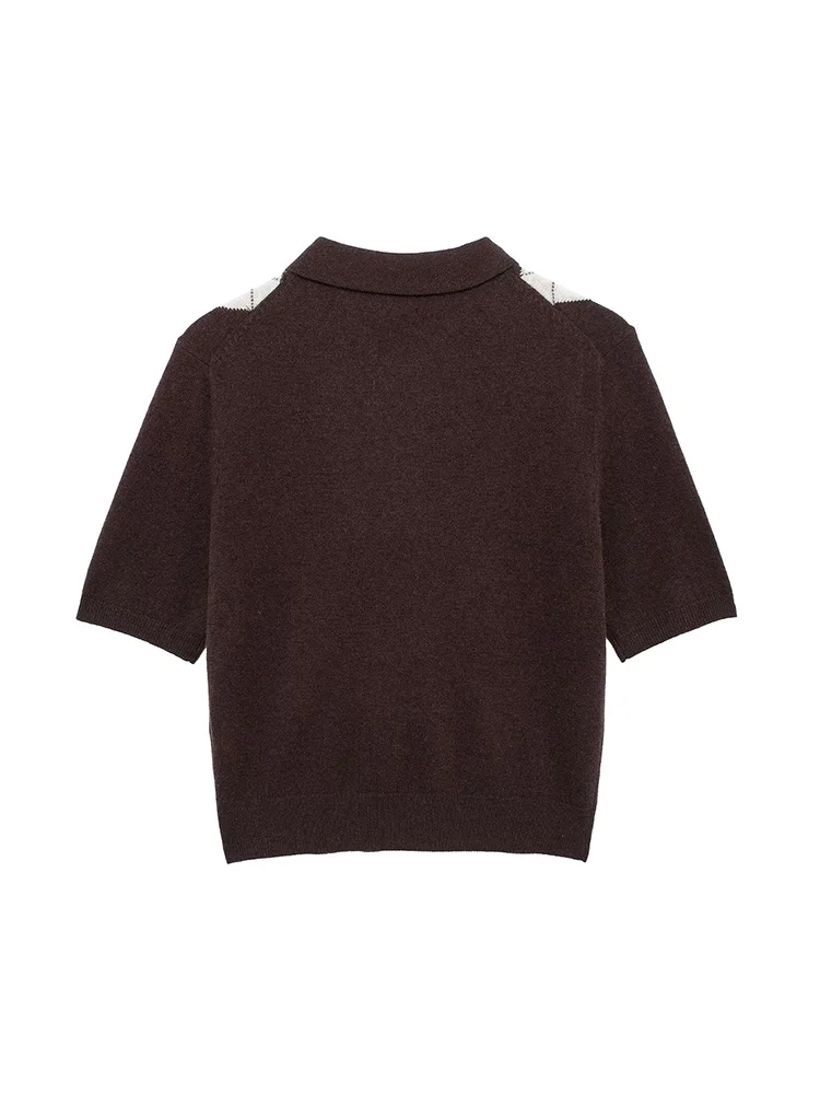 2024 New Fall/Winter Women Geometric Print Knit Shirt Casual Ladies Short Sleeve Lapel T-Shirt