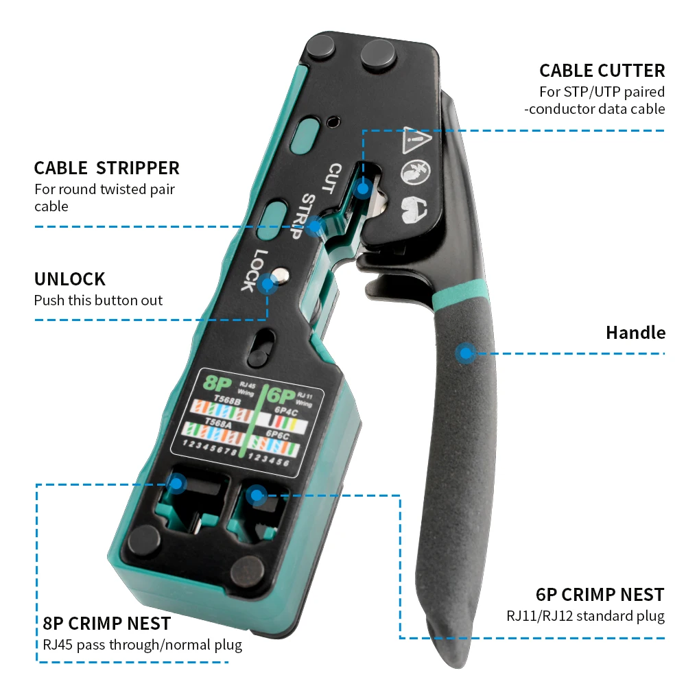 أداة تجعيد RJ45 RJ12/11 أداة تجعيد ذو طيات المكشكش من خلال إيثرنت لموصلات Cat6 Cat5 Cat5e RJ45