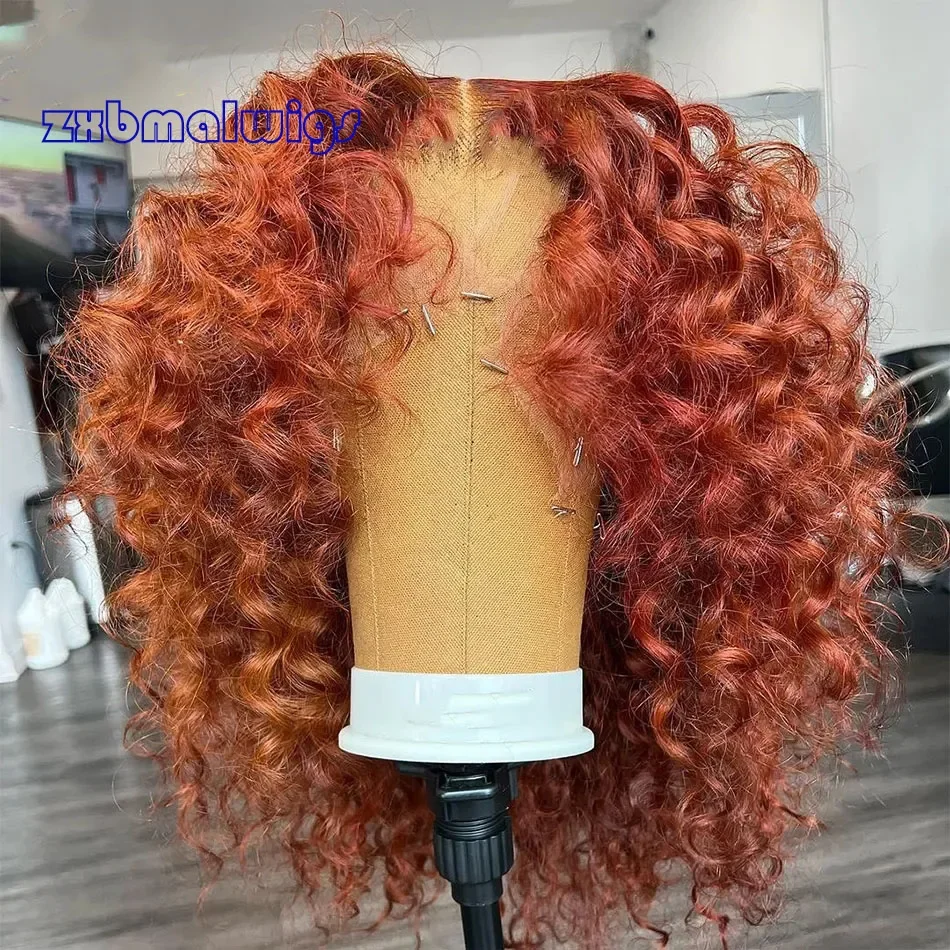 QW  Soft 26Inch Long Ginger Copper Red Curly Glueless Synthetic Hair Lace Frontal Wig For Black Women Preplucked Daily Party