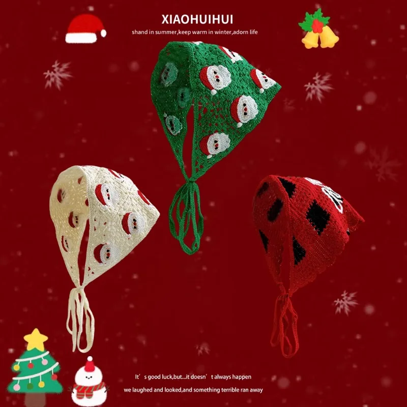 

Korean Sweet and Cute Santa Claus Triangle Towel Women Spring and Autumn Pastoral Style Niche Hand-crocheted Lace-up Headband