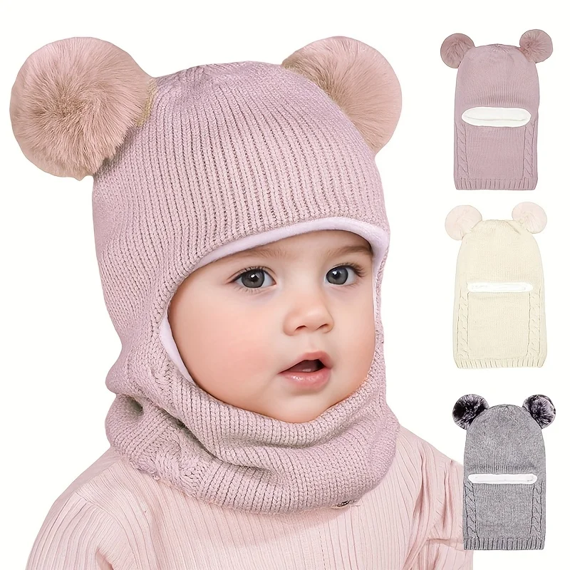 

1-4 Years Kids Winter Hat Scarf Set - Sweet Bear Knitted Ear Flap, Warm Soft Integrated Cap, Hand Washable Toddler Accessory