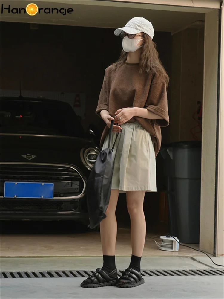 HanOrange 2024 Summer Simple Casual A-line Silhouette Cargo Capris Women Loose Comfortable Elastic Waist Shorts Beige/Navy Blue