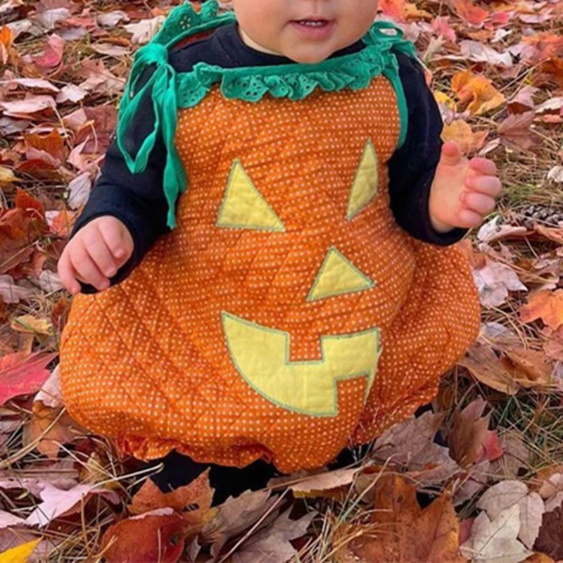 Newborn Baby Halloween Costume Cartoon Pumpkin Face Print Tie-Up Sleeveless Cosplay Romper Clothes 6 Months-3 Years Hot Sale