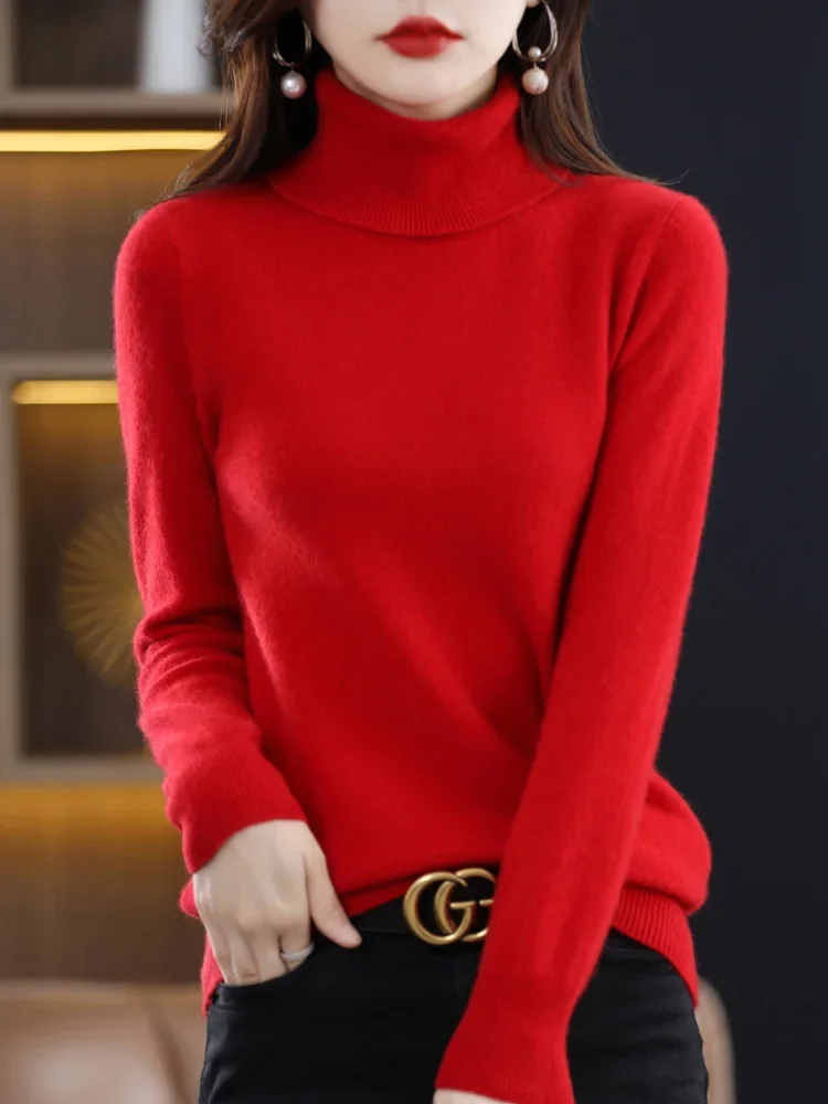 100% Merino Wool Cashmere Women Knitted Sweater Turtleneck Long Sleeve Pullover Autumn Clothing Elegant Casual Jumper Y2k Tops