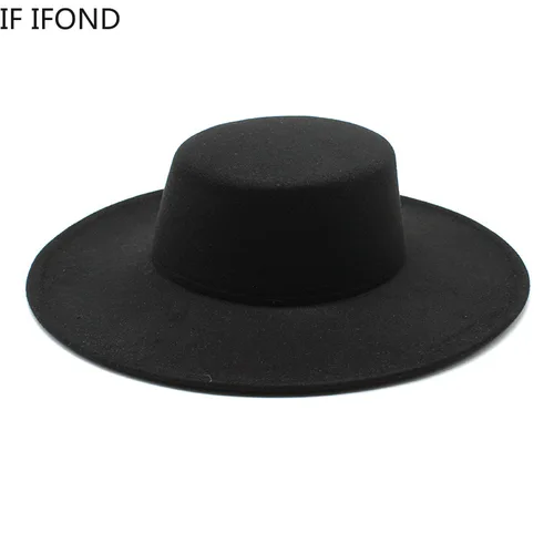 Sombrero francés de ala ancha grande para mujer, sombrero Fedora de lana Derby, sombreros de Jazz de boda, sombrero de fieltro de parte superior plana, 10CM, Invierno