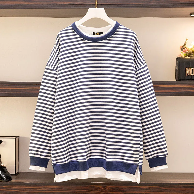 150Kg Plus Size Women\'s Bust 157 Spring Autumn New Loose Fake Two-Piece Long-Sleeved Striped Sweatshirt 5XL 6XL 7XL 8XL 9XL