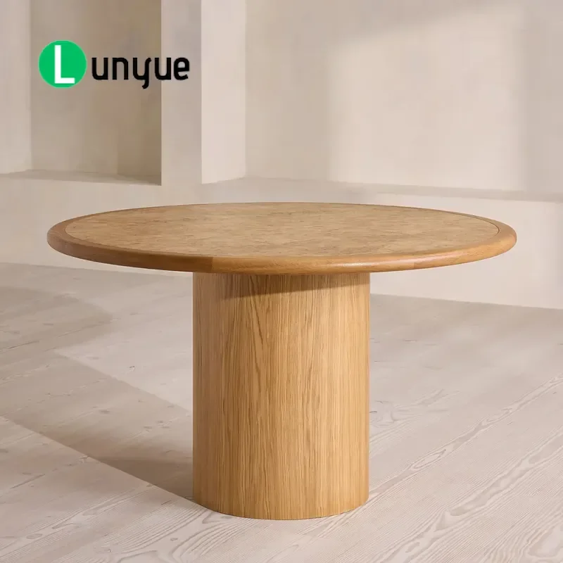 Italian Minimalist Oak Round Dining Table Knot Wood Veneer Cylindrical Base Modern Furniture For Family Home Kitchen Living