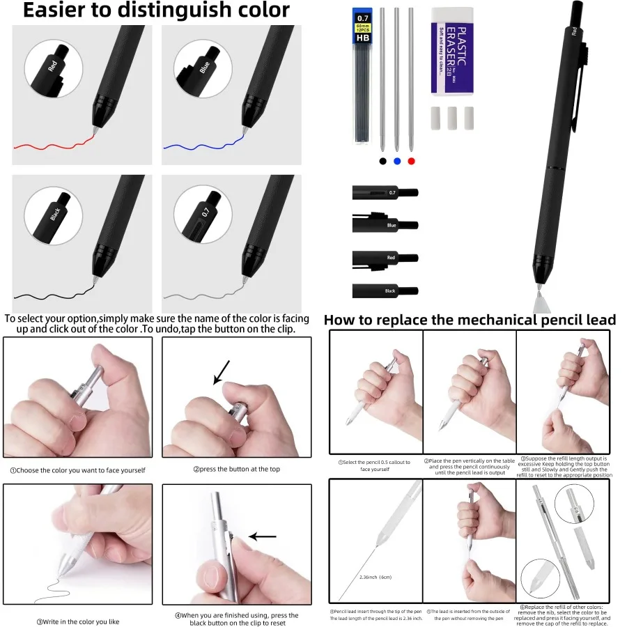 قلم متعدد الوظائف 4 في 1 مع حبر حبر جاف أسود وأحمر وأزرق وقلم رصاص ميكانيكي 0.7 مم يتميز علبة معدنية أنيقة مثالية لـ #1