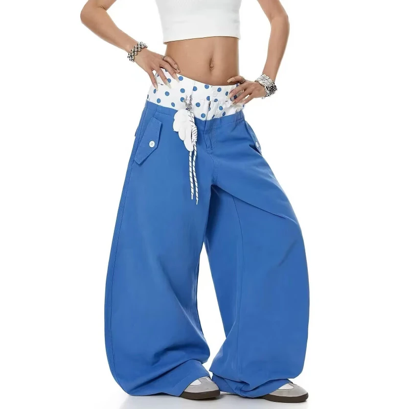 Women's Splicing Fake Two Piece Design Street Hip-hop Bottoms Casual Pants High Waist Trousers Female Wide Leg Blue Sweatpants