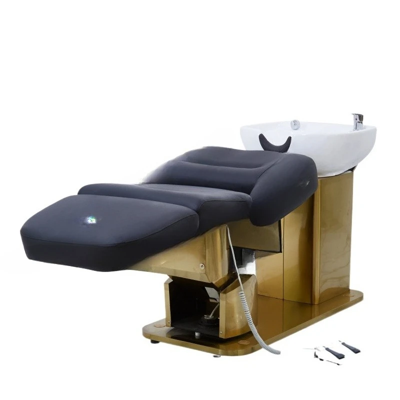 

Shampoo Hair Salon Bed Chair Stainless Steel Black PU Leather Beauty Barber Shop Easy to use Durable Practical Good quality