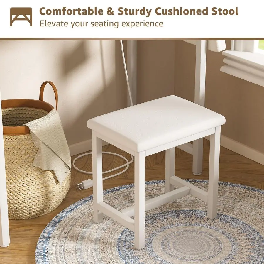 Vanity Desk with Mirror and Lights Makeup Mini Girls Vanity Set Table with Chair, Power Outlet, White Compact Make Up Dressing T