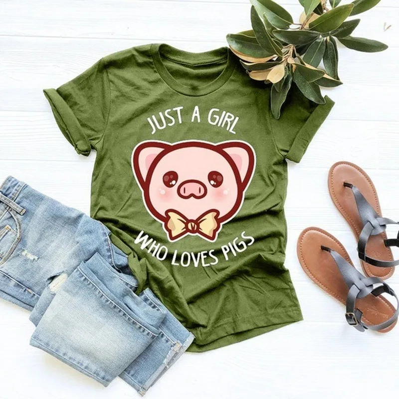 Just A Girl Loves Pigs Print T Shirt Women Short Sleeve O Neck Loose Tshirt Summer Women Tee Shirt Tops Camisetas Mujer