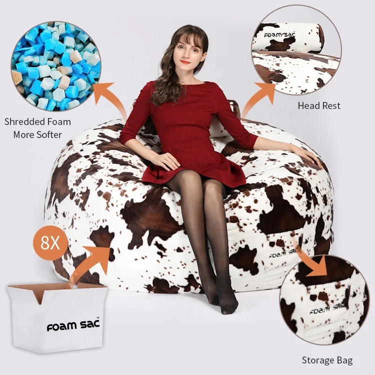 Custom Size 3 4 5 6 7 8 9 Feet Compressed Foam Round Cow Pattern Lazy Sofa Bed the Large Bean Bag Chair