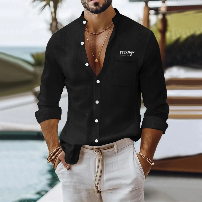 Men's Cotton Linen Shirts Solid Color pocket Long Sleeved Shirt Summer business casual Blouses Male Stand Collar Beach Style Top