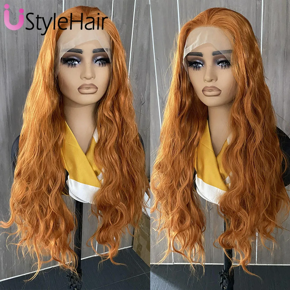 Wig Cosplay renda depan oranye Wig sintetis panjang alami gelombang Wig tampilan alami longgar keriting penggunaan sehari-hari Wig tahan panas