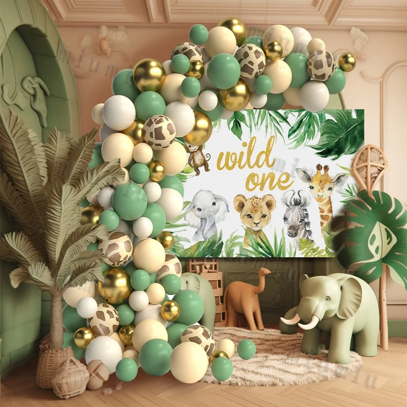 Jungle Safari White Balloon Garland Arch Kit Kids Birthday Party Supplies Deer Pattern Gold Latex Ballons Baby Shower Decoration