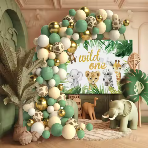 Jungle Safari White Balloon Garland Arch Kit Kids Birthday Party Supplies Deer Pattern Gold Latex Ballons Baby Shower Decoration