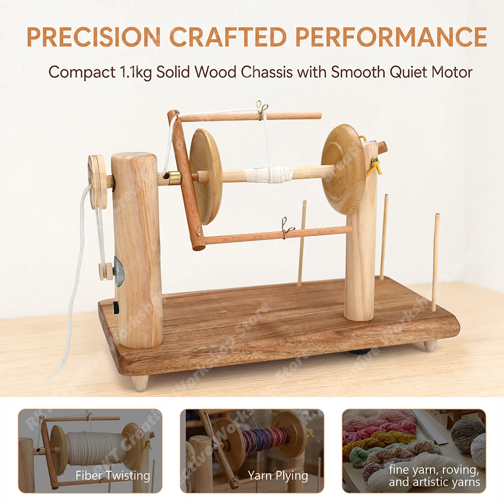 Wooden Yarn Plying Machine Fiber Twisting Tool Stepless Speed Quiet Motor Electric DIY Hand Spinning Machine for Art Yarn Roving