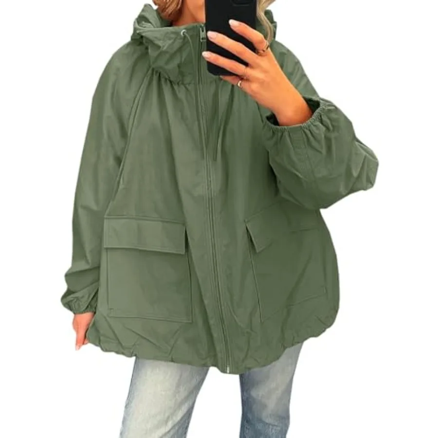 

Fisoew Womens Oversized Lightweight Jacket Hooded Trench Coat Windbreaker Waterproof Raincoat With Pockets for Outdoor