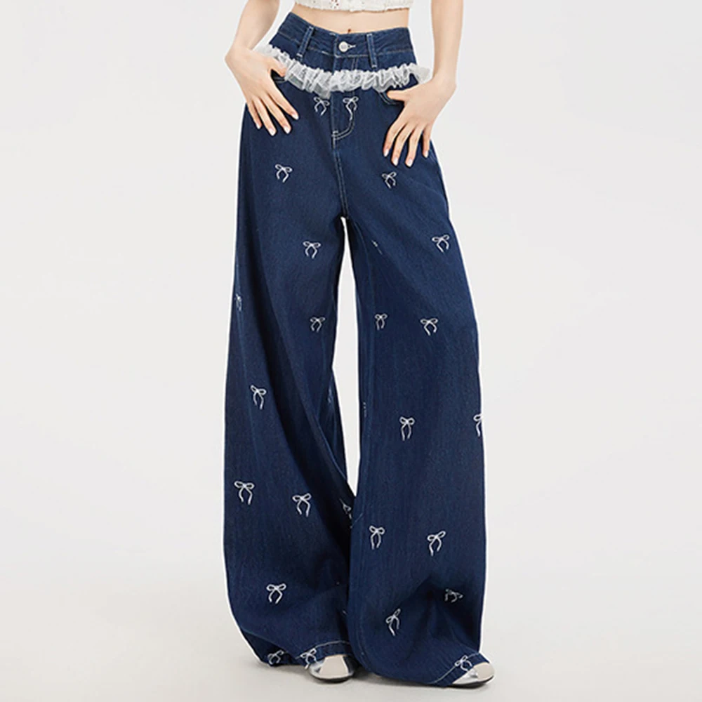 

Новые джинсовые брюки в пол с бантом, женские джинсовые брюки с кружевными краями, дизайн Sense, универсальные синие широкие джинсы в стиле ретро, весна-осень 2023 г.