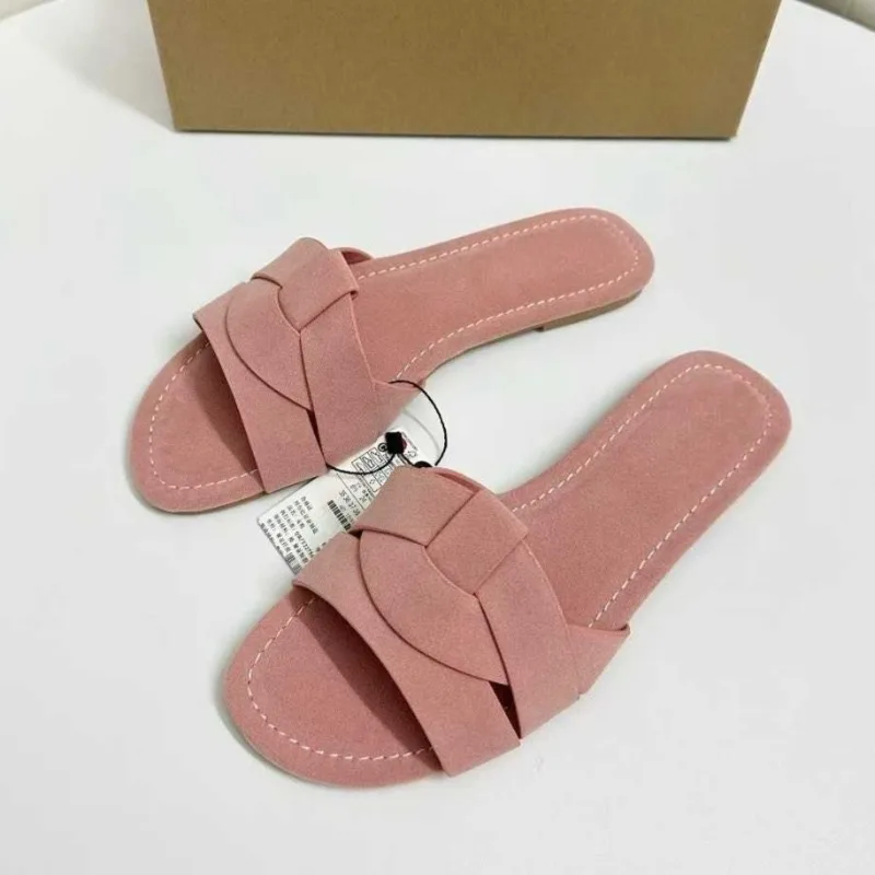 

Flat Bottom Casual Women Beach Slippers 2026 Summer Cross Strap Design Suede Outdoor Slides Anti-slip Daily Female Shoes