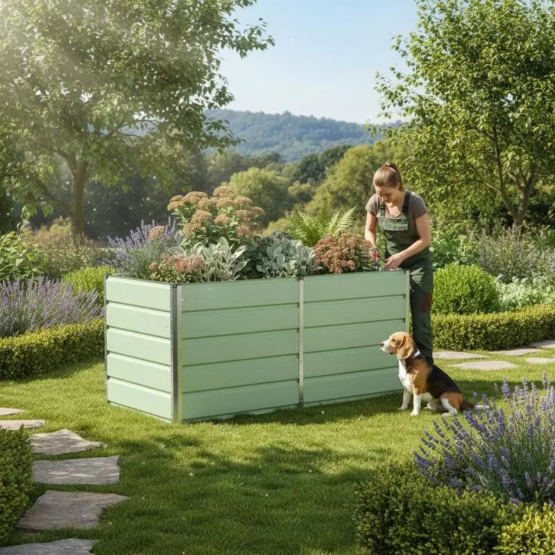 Bac à plantes surélevé en acier vert 160 x 80 x 75 cm. Ce pot moderne est fabriqué en matériau composite d'acier et de plastique, ce qui le rend robuste et durable. Il convient à la plantation de fleurs, de légumes et de coriandre sur les patios et les balcons.