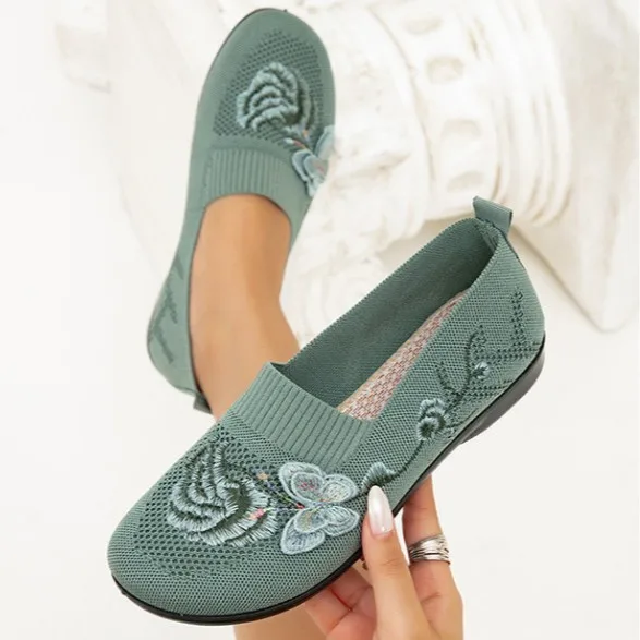 

Women's New Embroidered Floral Knit Slip-on Flats Breathable Mesh Casual Walking Shoe Comfortable Non-slip Soft Sole Mom Shoes