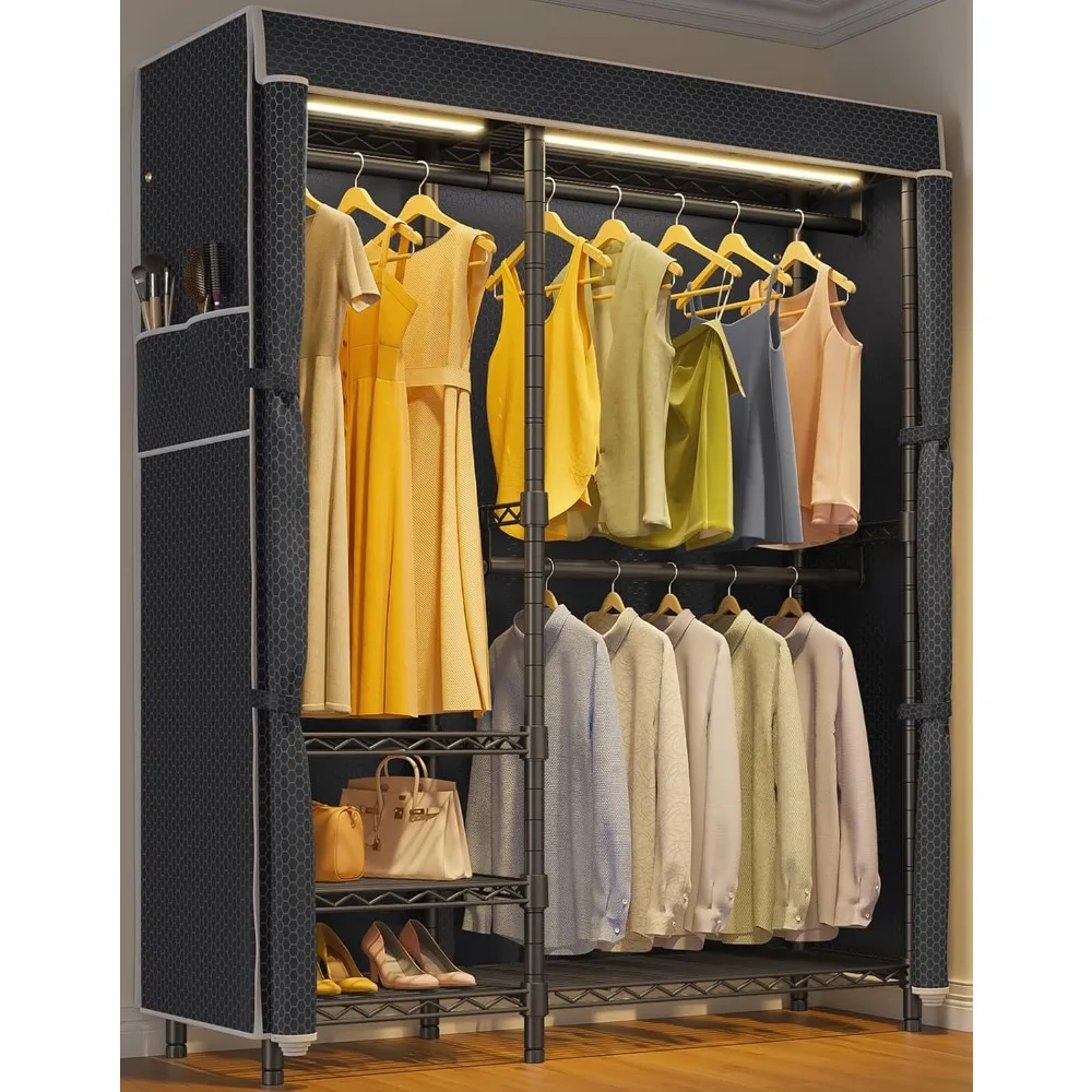 

V2L Garment Rack Heavy Duty Covered Clothes Rack with Dimmable LED Lights, 3000K Warm White, Portable Closet Wardrobe Freestand