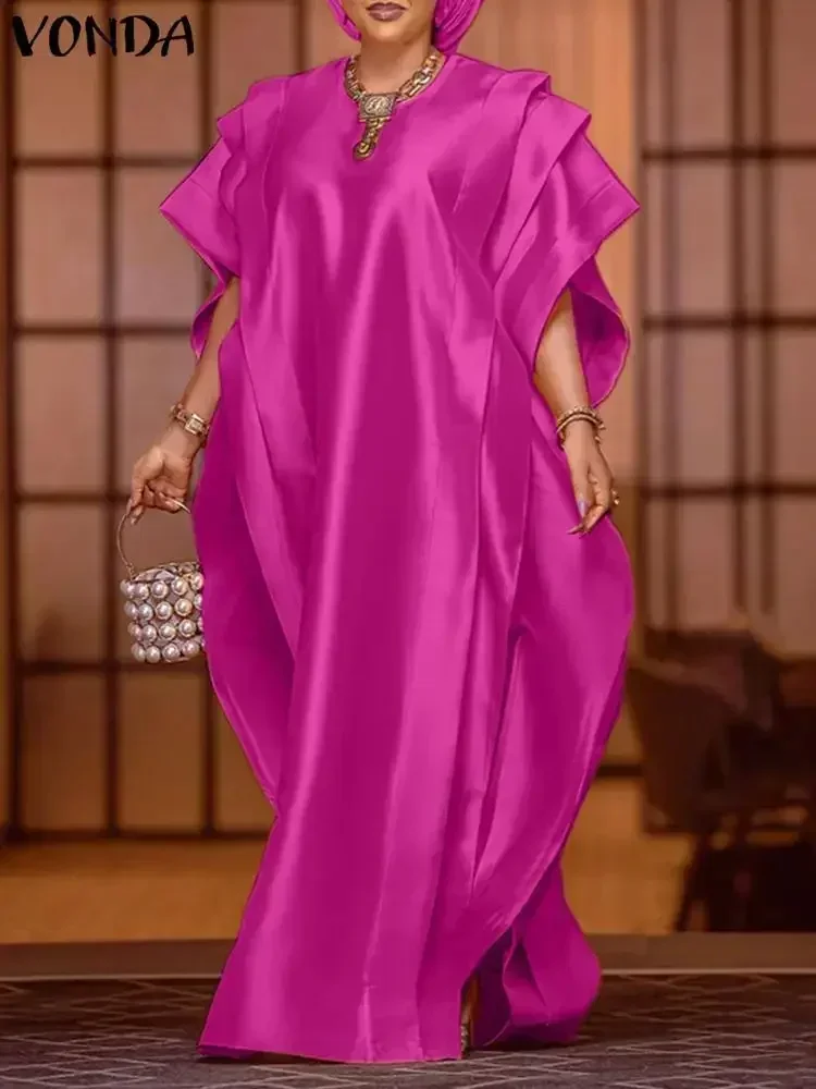 VONDA-Robe Maxi Surdimensionnée en Satin pour Femme, Élégante, à Manches Courtes, à Volants, Décontractée, Couleur Unie, pour Document, Été, 2024