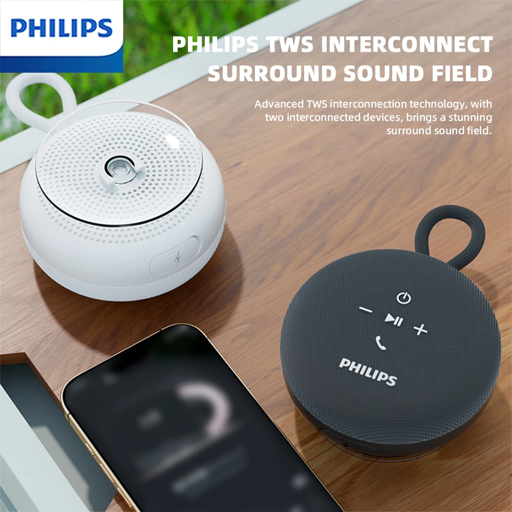 Philips TAS1120 Mini altavoz Bluetooth portátil para baño, resistente al agua, para interiores, subwoofer inalámbrico de 800mAh con cordón con ventosa
