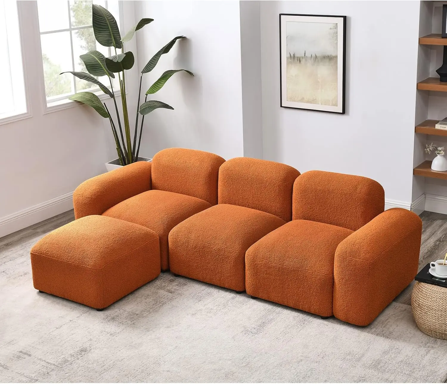 Teddy Fabric L-Shaped Modern Bubble Couch with Ottoman, 3-Seater Sherpa Teddy Sofas for Living Room Apartment, 94”, Orange