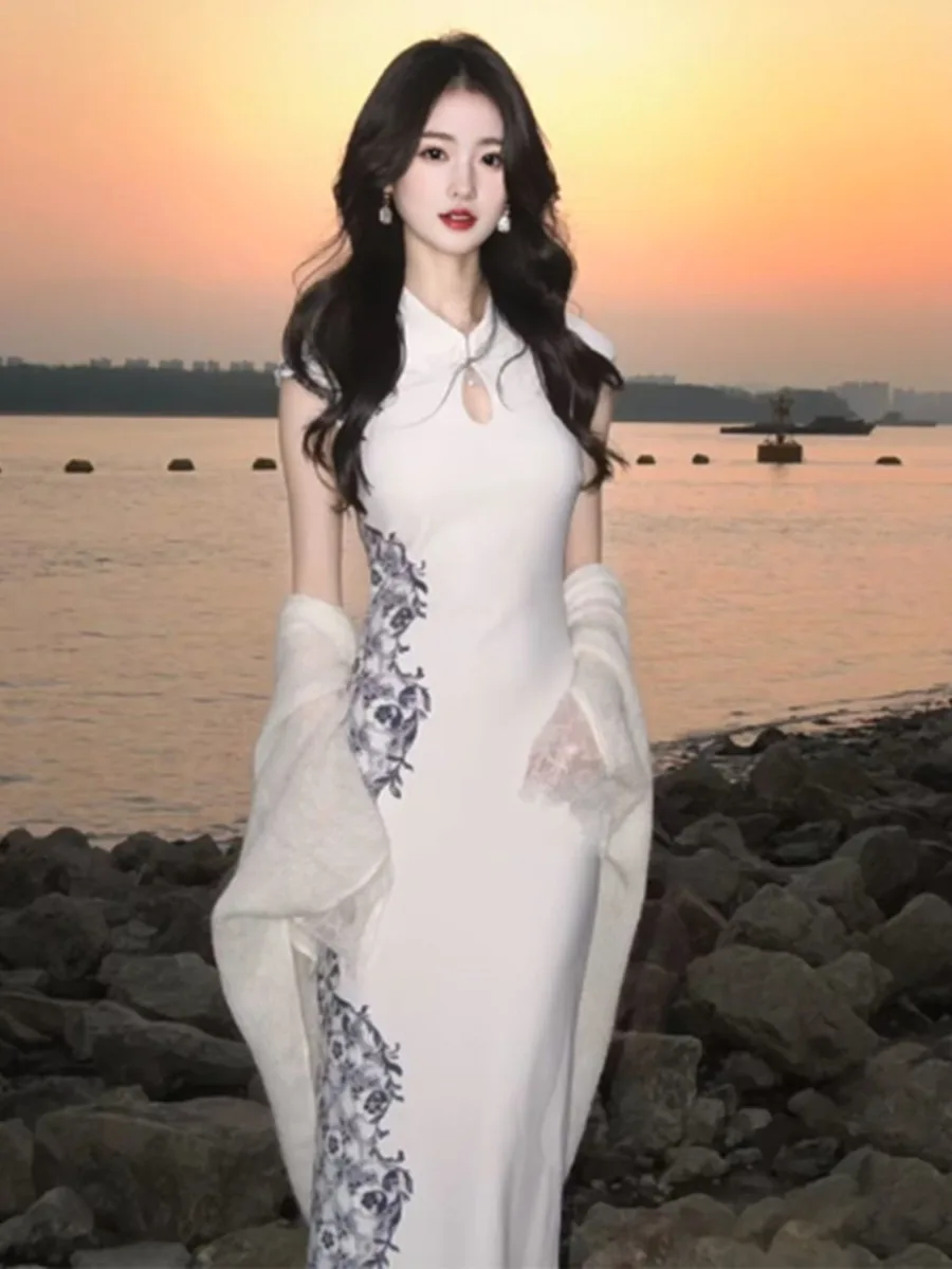 

Socialite Style Qipao Dress, Charming Cheongsam, Elegant Cool Tone Slim Fit Women Evening Gown Tea Ceremony Dress