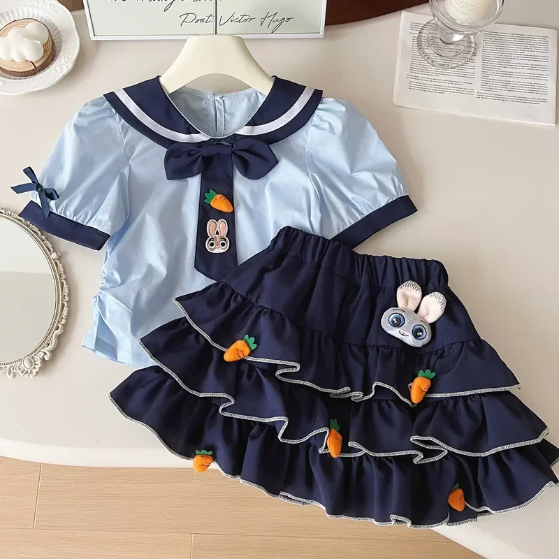 Girls Casual Dresses Summer Suit Skirt Short-sleeved Rabbit Police Officer Clothes Little Girl College Style T-shirt Puffy 2pcs