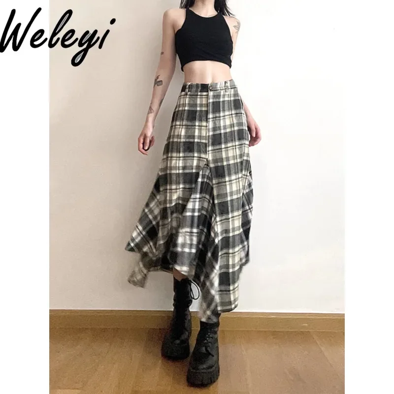 

Japanese Style Sweet Irregular Plaid Mid-length Skirts for Women Spring Autumn New Temperament High Waist Slimming A-line Skirt