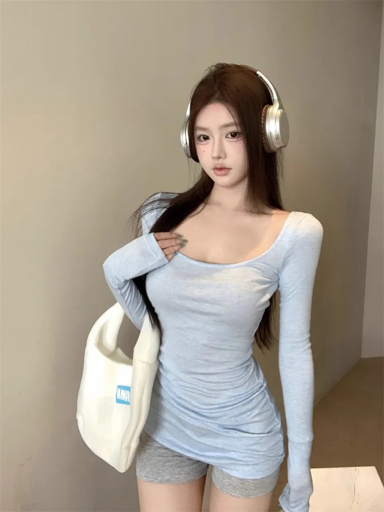 Blue Thin Long Sleeve Women's T-shirt U-Neck Tight Fit Spring Casual Sun Protection Top Sweet And Spicy Girl Base Layer Shirt