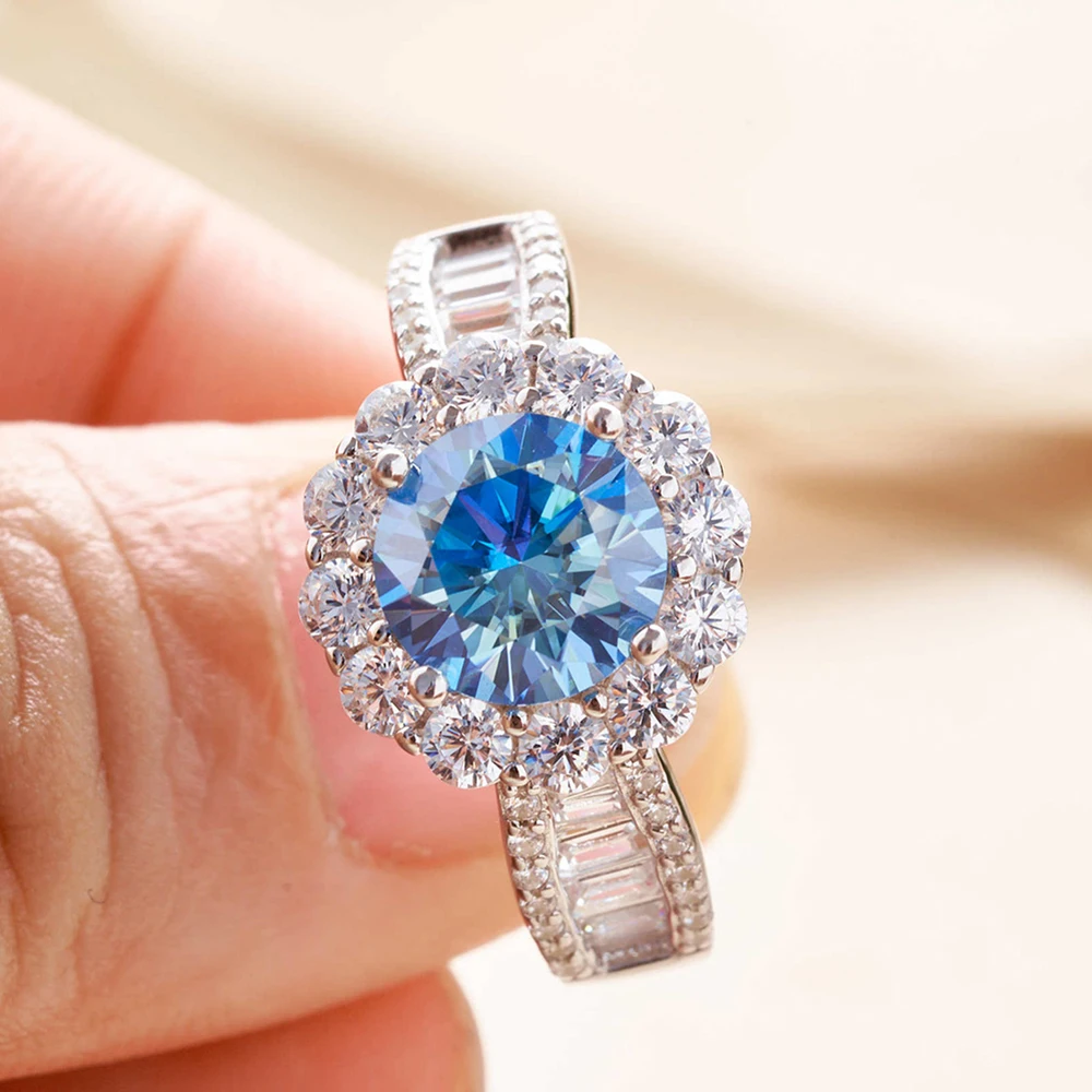 JoyceJelly 2ct Royal Blue Moissanite Ring for Cham Lady Round 8H8A Cut VVS1 Moissanite Diamond Dating Wedding Party Jewerly Gift