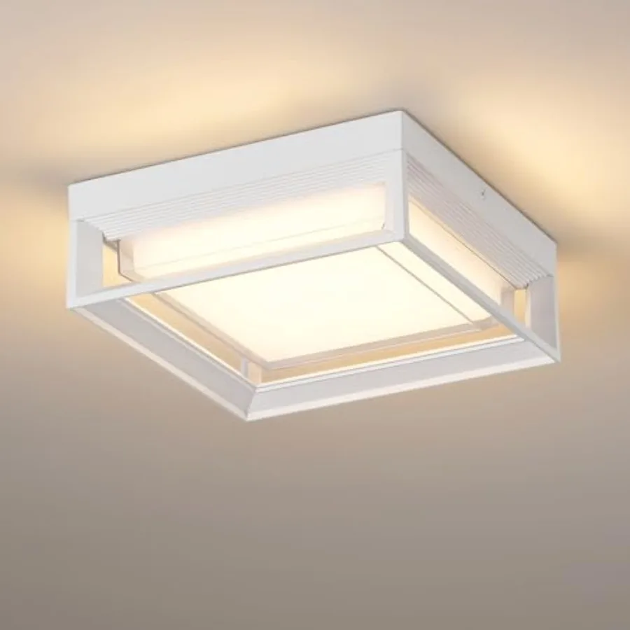 

White Square Flush Mount Outdoor LED Ceiling Light Fixture, 120V 24W 3000K 9 inch Medium Overhead Porch and Patio Lights Ceilin