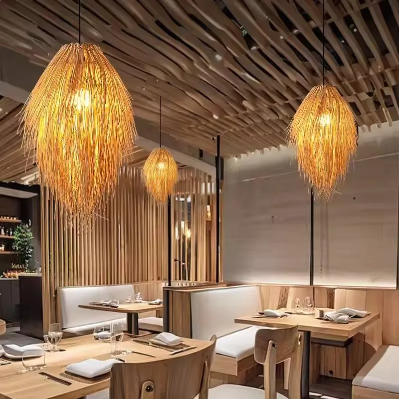 Japanese Straw Hat Hanging Lamps Creative Hand Woven Rattan Art Pendant Lights Dining Table Ceiling Decoration Lighting Fixtures