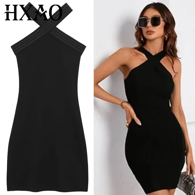 HXAO Halter Black Dress Womens Dresses Summer Sexy Bodycon Backless Short Dresses Woman Sleeveless Corset Elastic Vestidos 066