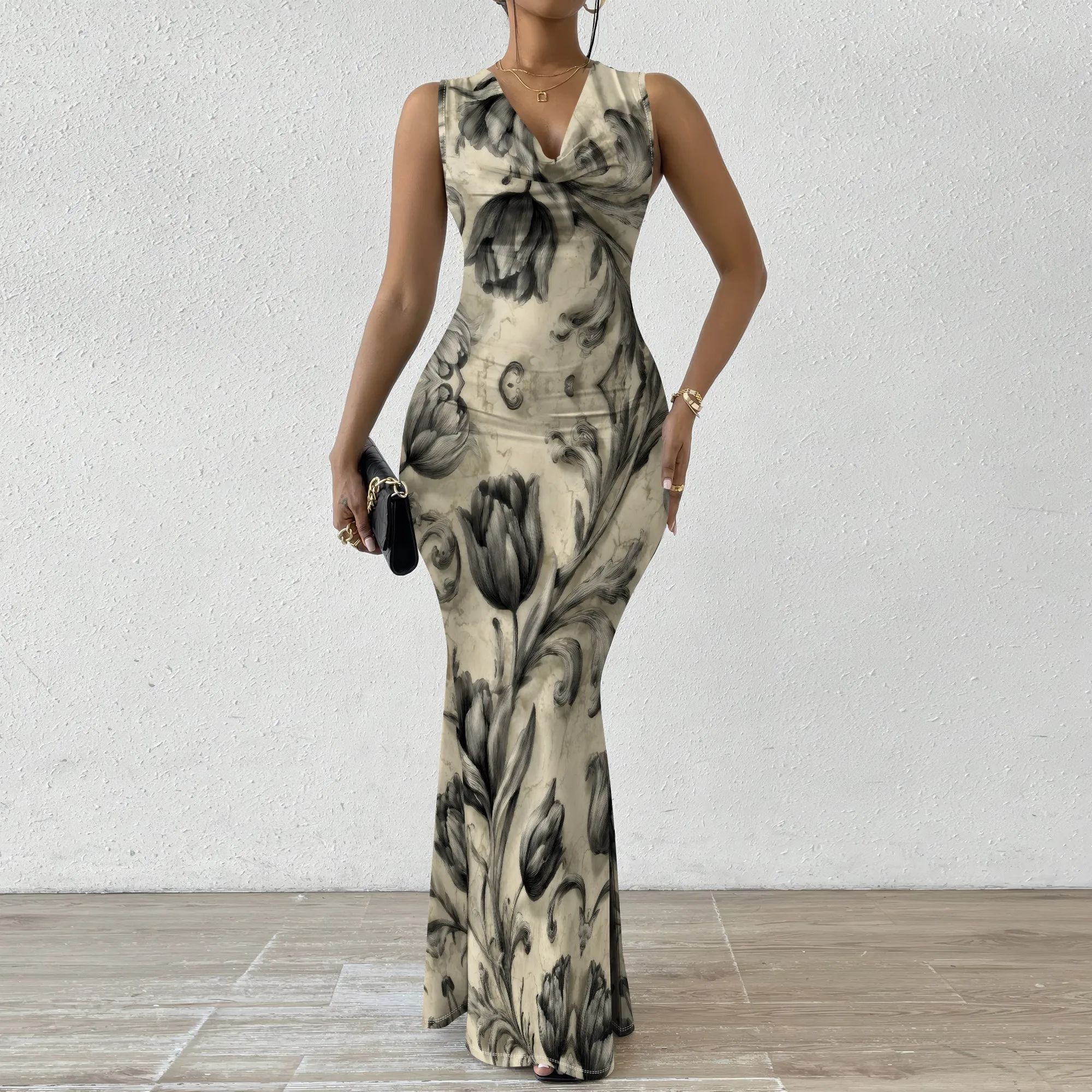 

Women's Elegant Floral Print Mermaid Maxi Dress Sleeveless V-Neck Ruched Bust Evening Gown for Wedding Guest Party XS-2XL