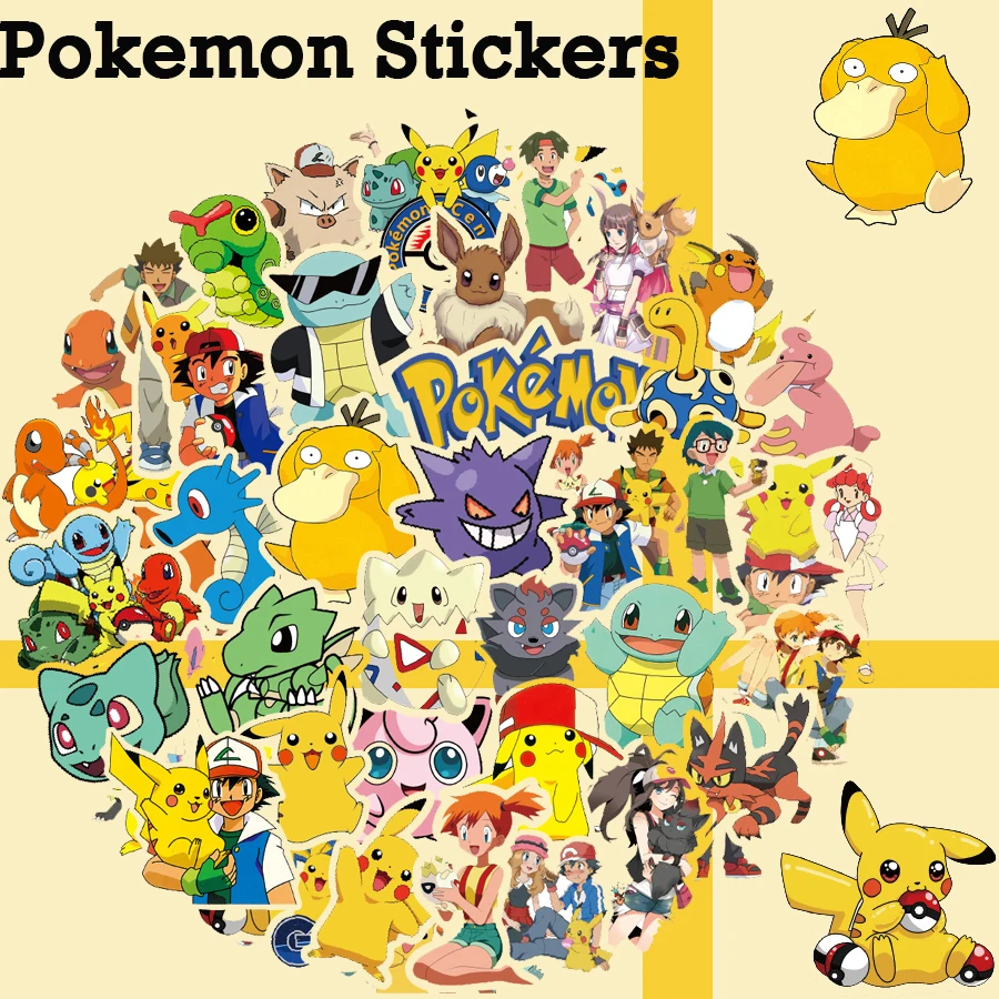 50/100Pcs Cartoon Pokemon Pikachu Stickers Party Favors Gifts for Fun Laptop Skateboard Guitar Suitcase Waterproof Stickers