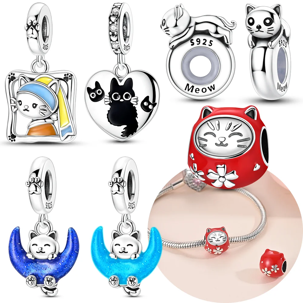 

Original S925 Silver Black Cat Pendant Cute Doll Clasp Beads Fit Bracelet Accessory Fine Gift DIY Accessory Making